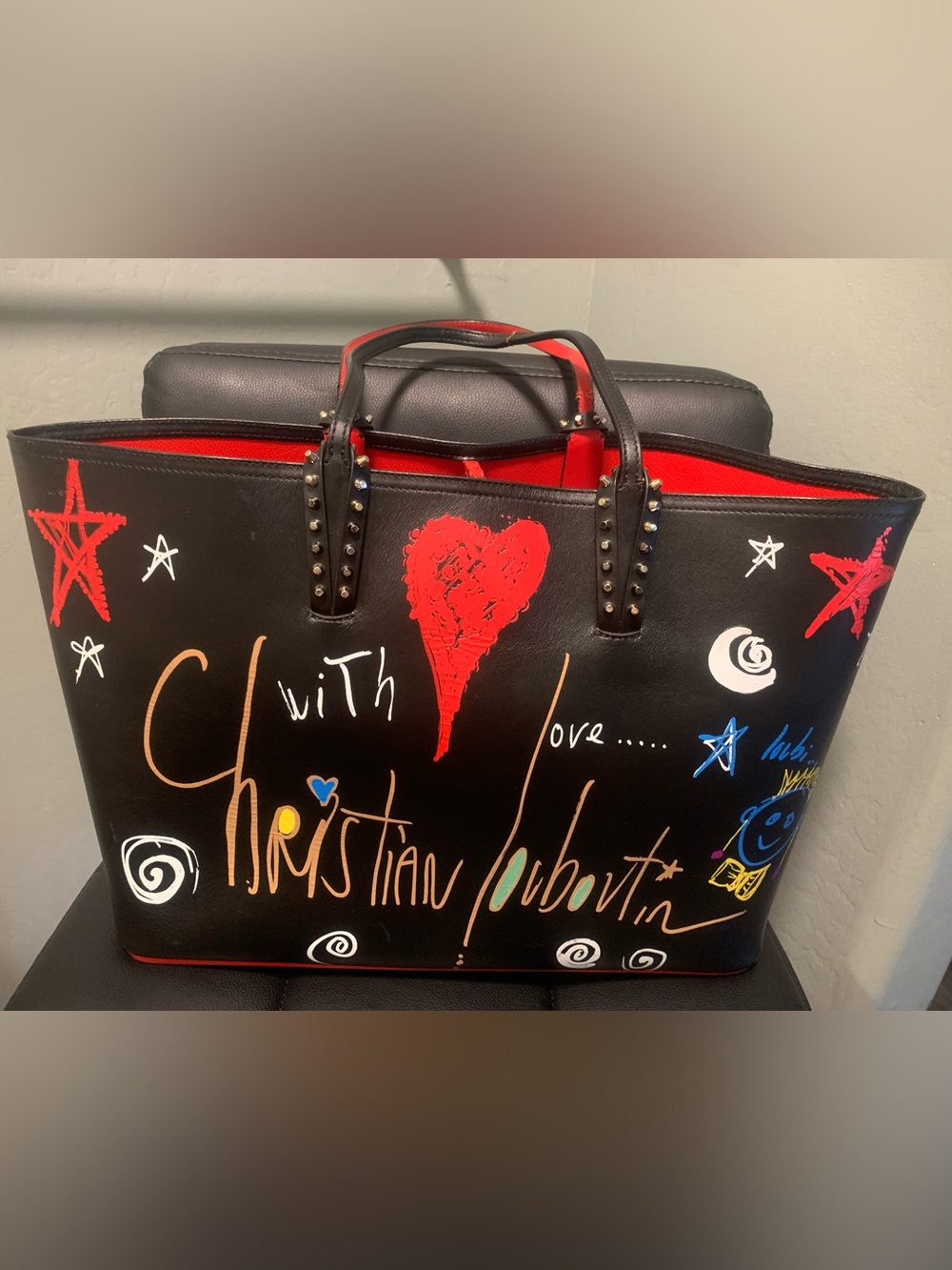 Christian Louboutin Black Leather Graffiti Tote with Red Heart